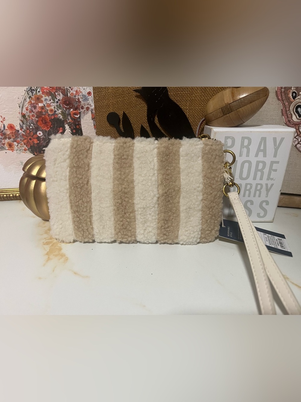 Universal Thread Cream and Tan Striped Shearling Wristlet